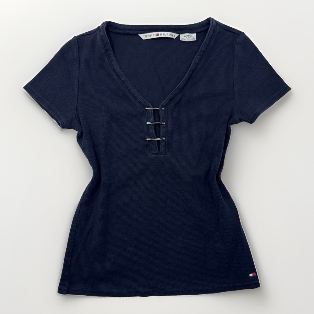 Vintage Y2K Tommy Hilfiger Safety Pin V-Neck Ribbed Tee Womens M Navy